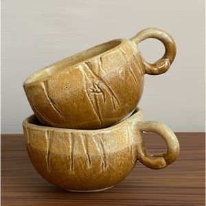 Studio Pottery Primitive Cottage core Coffee Mugs Set of 2